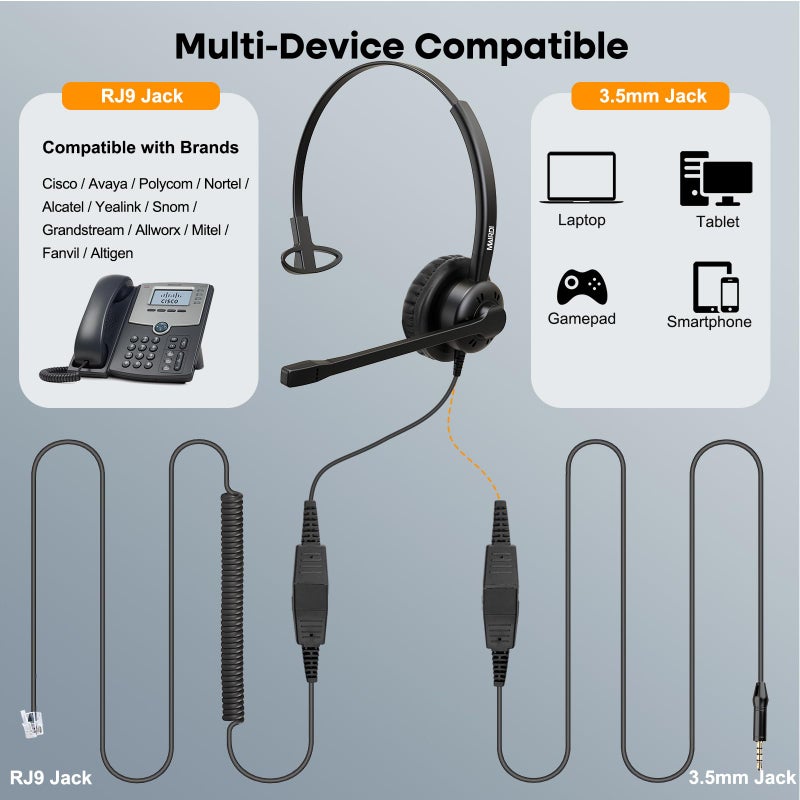 MAIRDI Office Headset with RJ9 Jack for Cisco Phone, Including 3.5mm Jack for Cell Phone PC Laptops, Mono Telephone Headset with Noise Canceling Microphone for Call Centers Landline Deskphone - Image 4